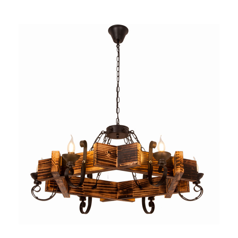 Wooden Triangular/Square Hanging Light Fixture Nautical 3/4/6-Head Restaurant Ceiling Chandelier with Candle in Brown Clearhalo 'Carpenter Chandeliers' 'Ceiling Lights' 'Chandeliers' 'Industrial Chandeliers' 'Industrial' 'Middle Century Chandeliers' 'Modern' 'Tiffany' Lighting' 1918209
