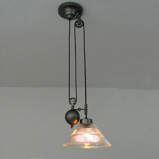 1 Head Ceiling Hang Light Industrial Ribbed Cone Clear Glass Pendant Lamp with Pulley in Black Clear Clearhalo 'Ceiling Lights' 'Glass shade' 'Glass' 'Industrial Pendants' 'Industrial' 'Middle Century Pendants' 'Pendant Lights' 'Pendants' 'Tiffany' Lighting' 1918211