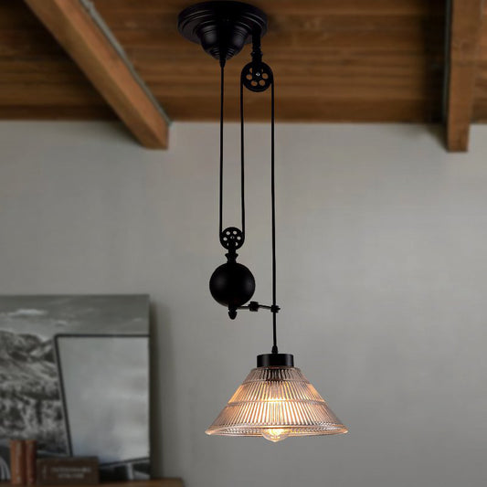 1 Head Ceiling Hang Light Industrial Ribbed Cone Clear Glass Pendant Lamp with Pulley in Black Clearhalo 'Ceiling Lights' 'Glass shade' 'Glass' 'Industrial Pendants' 'Industrial' 'Middle Century Pendants' 'Pendant Lights' 'Pendants' 'Tiffany' Lighting' 1918212