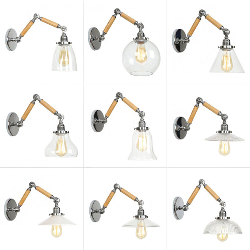 Brown-Silver 1 Bulb Reading Wall Lamp Loft Clear Glass Pear/Saucer/Bell Shade Wall Lighting with Wood 2-Joint Swing Arm Clearhalo 'Industrial wall lights' 'Industrial' 'Middle century wall lights' 'Rustic wall lights' 'Tiffany' 'Wall Lamps & Sconces' 'Wall Lights' Lighting' 1918219