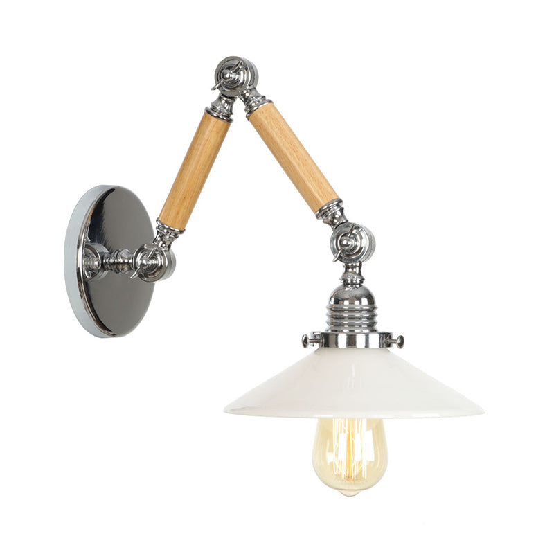 Brown-Silver 1 Bulb Reading Wall Lamp Loft Clear Glass Pear/Saucer/Bell Shade Wall Lighting with Wood 2-Joint Swing Arm Brown G Clearhalo 'Industrial wall lights' 'Industrial' 'Middle century wall lights' 'Rustic wall lights' 'Tiffany' 'Wall Lamps & Sconces' 'Wall Lights' Lighting' 1918220