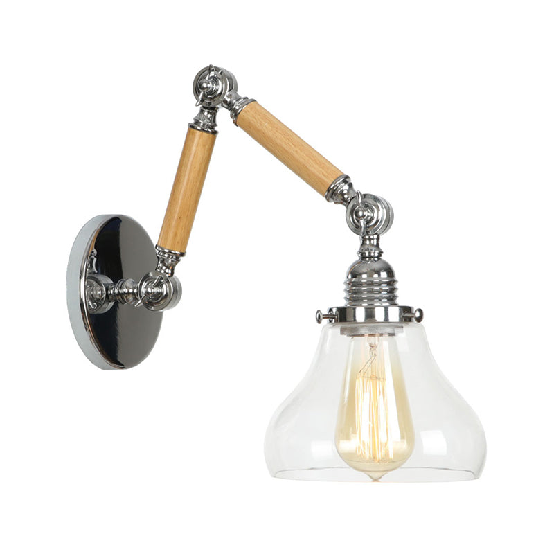 Brown-Silver 1 Bulb Reading Wall Lamp Loft Clear Glass Pear/Saucer/Bell Shade Wall Lighting with Wood 2-Joint Swing Arm Brown D Clearhalo 'Industrial wall lights' 'Industrial' 'Middle century wall lights' 'Rustic wall lights' 'Tiffany' 'Wall Lamps & Sconces' 'Wall Lights' Lighting' 1918222
