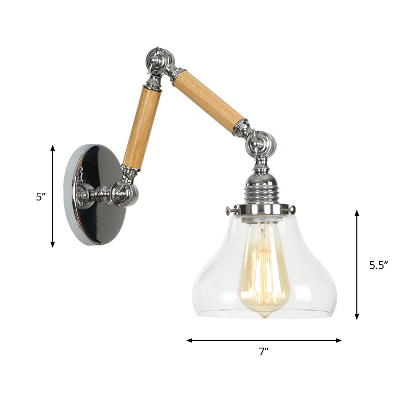 Brown-Silver 1 Bulb Reading Wall Lamp Loft Clear Glass Pear/Saucer/Bell Shade Wall Lighting with Wood 2-Joint Swing Arm Clearhalo 'Industrial wall lights' 'Industrial' 'Middle century wall lights' 'Rustic wall lights' 'Tiffany' 'Wall Lamps & Sconces' 'Wall Lights' Lighting' 1918223