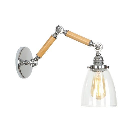 Brown-Silver 1 Bulb Reading Wall Lamp Loft Clear Glass Pear/Saucer/Bell Shade Wall Lighting with Wood 2-Joint Swing Arm Brown A Clearhalo 'Industrial wall lights' 'Industrial' 'Middle century wall lights' 'Rustic wall lights' 'Tiffany' 'Wall Lamps & Sconces' 'Wall Lights' Lighting' 1918224