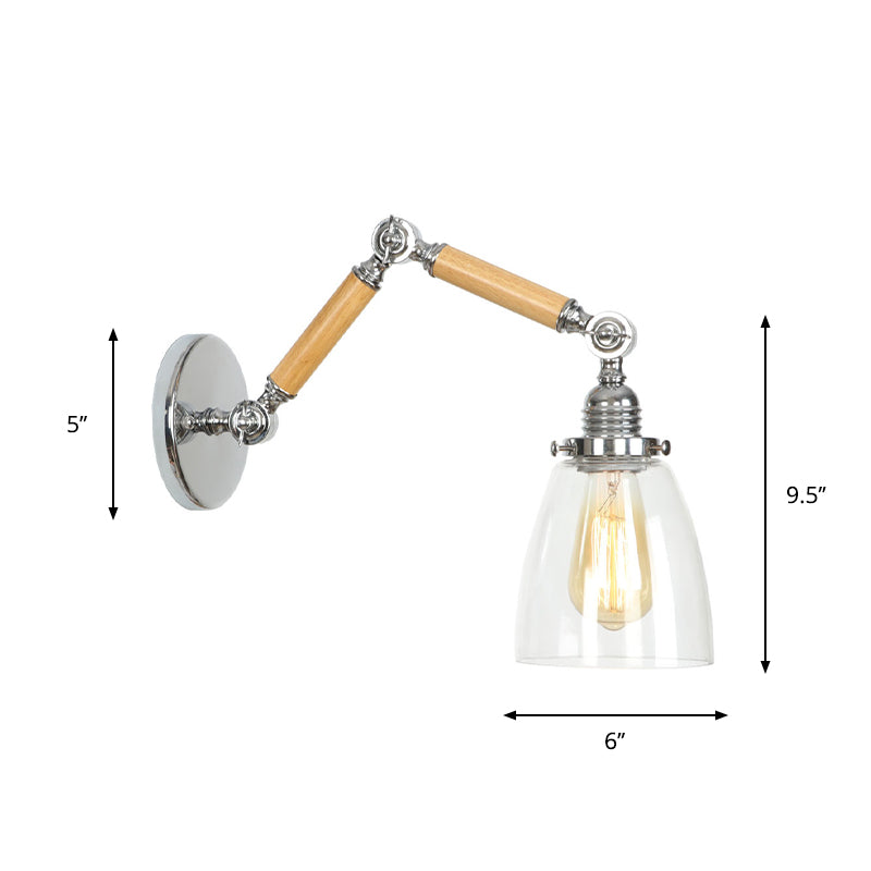 Brown-Silver 1 Bulb Reading Wall Lamp Loft Clear Glass Pear/Saucer/Bell Shade Wall Lighting with Wood 2-Joint Swing Arm Clearhalo 'Industrial wall lights' 'Industrial' 'Middle century wall lights' 'Rustic wall lights' 'Tiffany' 'Wall Lamps & Sconces' 'Wall Lights' Lighting' 1918225