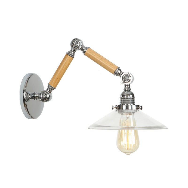 Brown-Silver 1 Bulb Reading Wall Lamp Loft Clear Glass Pear/Saucer/Bell Shade Wall Lighting with Wood 2-Joint Swing Arm Brown H Clearhalo 'Industrial wall lights' 'Industrial' 'Middle century wall lights' 'Rustic wall lights' 'Tiffany' 'Wall Lamps & Sconces' 'Wall Lights' Lighting' 1918226