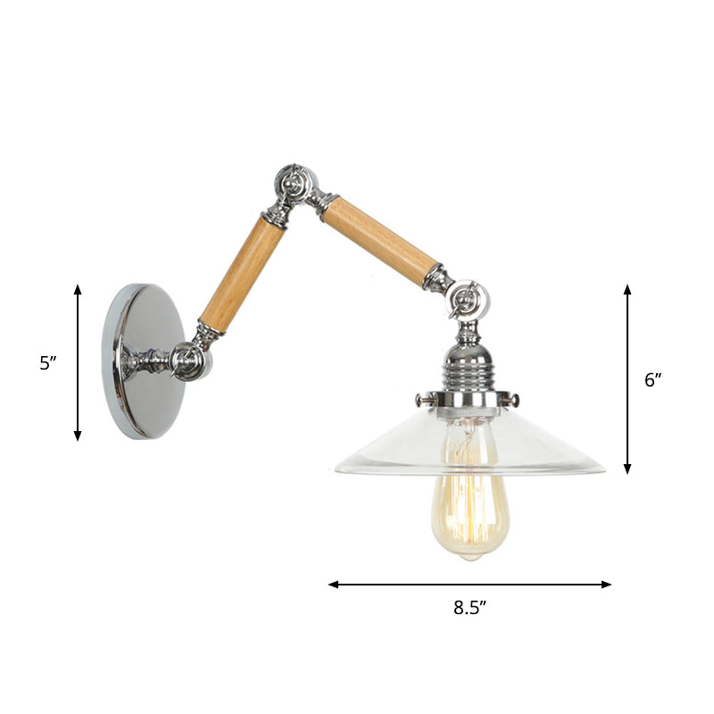 Brown-Silver 1 Bulb Reading Wall Lamp Loft Clear Glass Pear/Saucer/Bell Shade Wall Lighting with Wood 2-Joint Swing Arm Clearhalo 'Industrial wall lights' 'Industrial' 'Middle century wall lights' 'Rustic wall lights' 'Tiffany' 'Wall Lamps & Sconces' 'Wall Lights' Lighting' 1918227