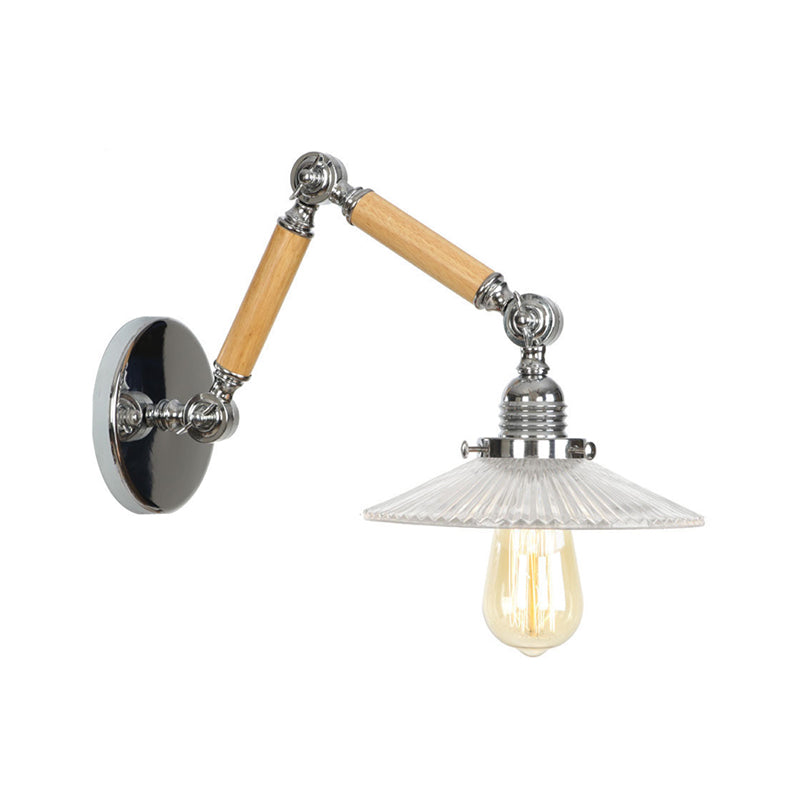 Brown-Silver 1 Bulb Reading Wall Lamp Loft Clear Glass Pear/Saucer/Bell Shade Wall Lighting with Wood 2-Joint Swing Arm Brown F Clearhalo 'Industrial wall lights' 'Industrial' 'Middle century wall lights' 'Rustic wall lights' 'Tiffany' 'Wall Lamps & Sconces' 'Wall Lights' Lighting' 1918228