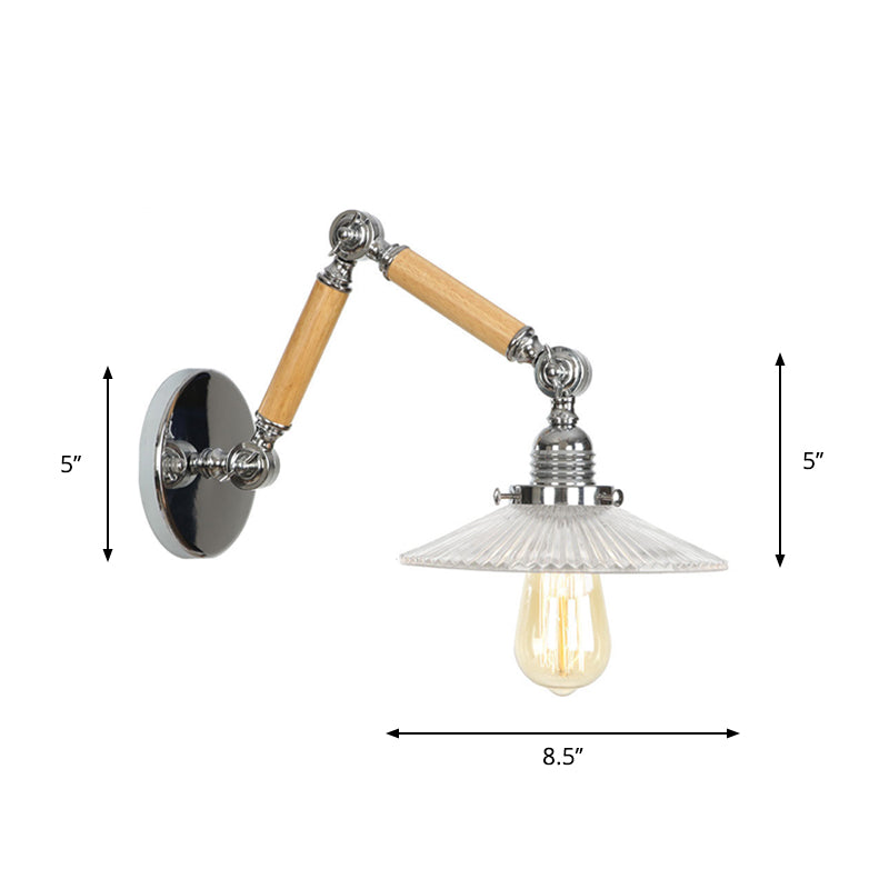 Brown-Silver 1 Bulb Reading Wall Lamp Loft Clear Glass Pear/Saucer/Bell Shade Wall Lighting with Wood 2-Joint Swing Arm Clearhalo 'Industrial wall lights' 'Industrial' 'Middle century wall lights' 'Rustic wall lights' 'Tiffany' 'Wall Lamps & Sconces' 'Wall Lights' Lighting' 1918229