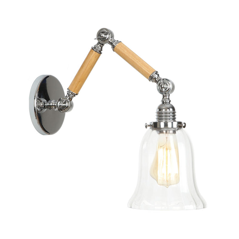 Brown-Silver 1 Bulb Reading Wall Lamp Loft Clear Glass Pear/Saucer/Bell Shade Wall Lighting with Wood 2-Joint Swing Arm Brown E Clearhalo 'Industrial wall lights' 'Industrial' 'Middle century wall lights' 'Rustic wall lights' 'Tiffany' 'Wall Lamps & Sconces' 'Wall Lights' Lighting' 1918230