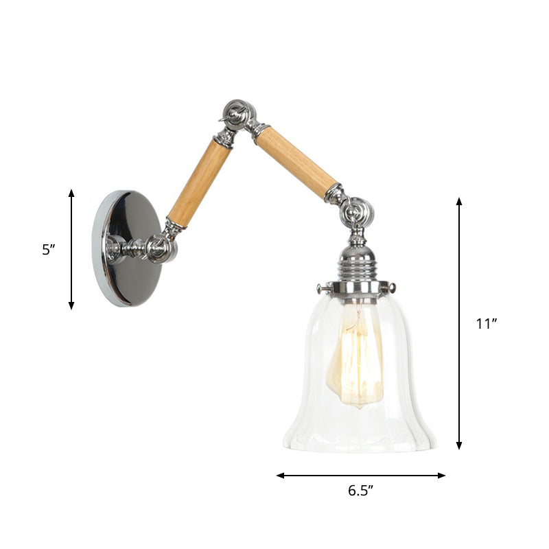 Brown-Silver 1 Bulb Reading Wall Lamp Loft Clear Glass Pear/Saucer/Bell Shade Wall Lighting with Wood 2-Joint Swing Arm Clearhalo 'Industrial wall lights' 'Industrial' 'Middle century wall lights' 'Rustic wall lights' 'Tiffany' 'Wall Lamps & Sconces' 'Wall Lights' Lighting' 1918231