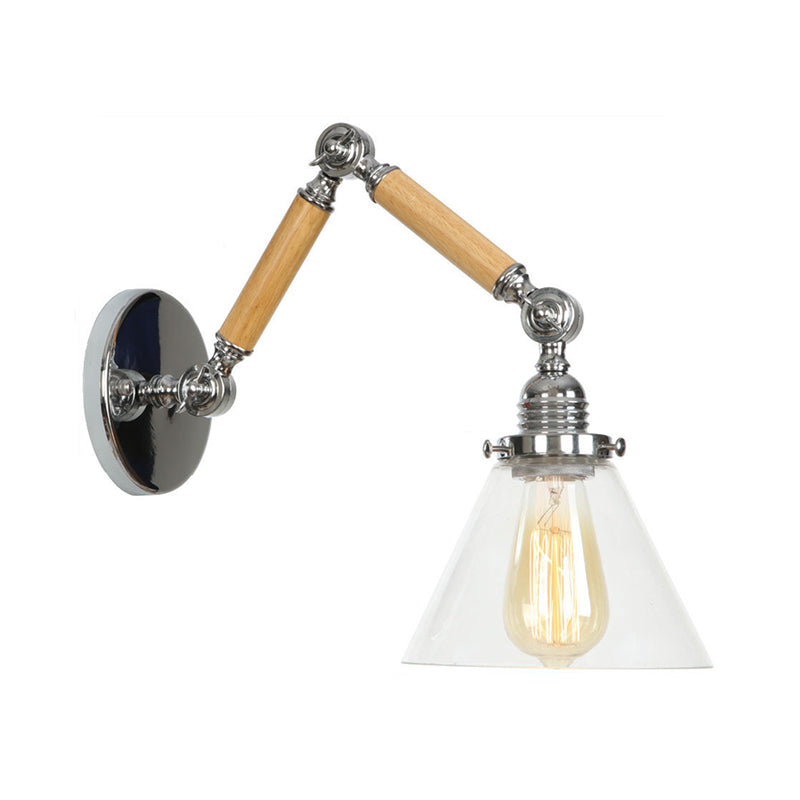 Brown-Silver 1 Bulb Reading Wall Lamp Loft Clear Glass Pear/Saucer/Bell Shade Wall Lighting with Wood 2-Joint Swing Arm Brown C Clearhalo 'Industrial wall lights' 'Industrial' 'Middle century wall lights' 'Rustic wall lights' 'Tiffany' 'Wall Lamps & Sconces' 'Wall Lights' Lighting' 1918232