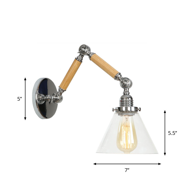 Brown-Silver 1 Bulb Reading Wall Lamp Loft Clear Glass Pear/Saucer/Bell Shade Wall Lighting with Wood 2-Joint Swing Arm Clearhalo 'Industrial wall lights' 'Industrial' 'Middle century wall lights' 'Rustic wall lights' 'Tiffany' 'Wall Lamps & Sconces' 'Wall Lights' Lighting' 1918233