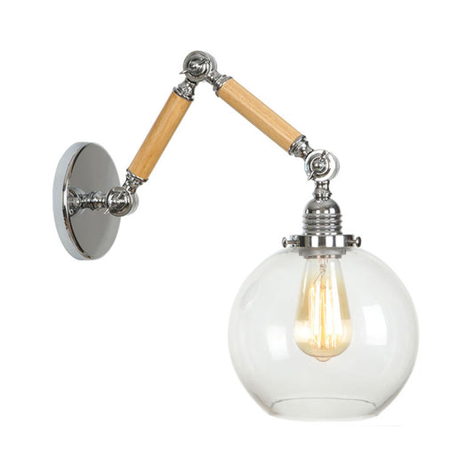 Brown-Silver 1 Bulb Reading Wall Lamp Loft Clear Glass Pear/Saucer/Bell Shade Wall Lighting with Wood 2-Joint Swing Arm Brown B Clearhalo 'Industrial wall lights' 'Industrial' 'Middle century wall lights' 'Rustic wall lights' 'Tiffany' 'Wall Lamps & Sconces' 'Wall Lights' Lighting' 1918234