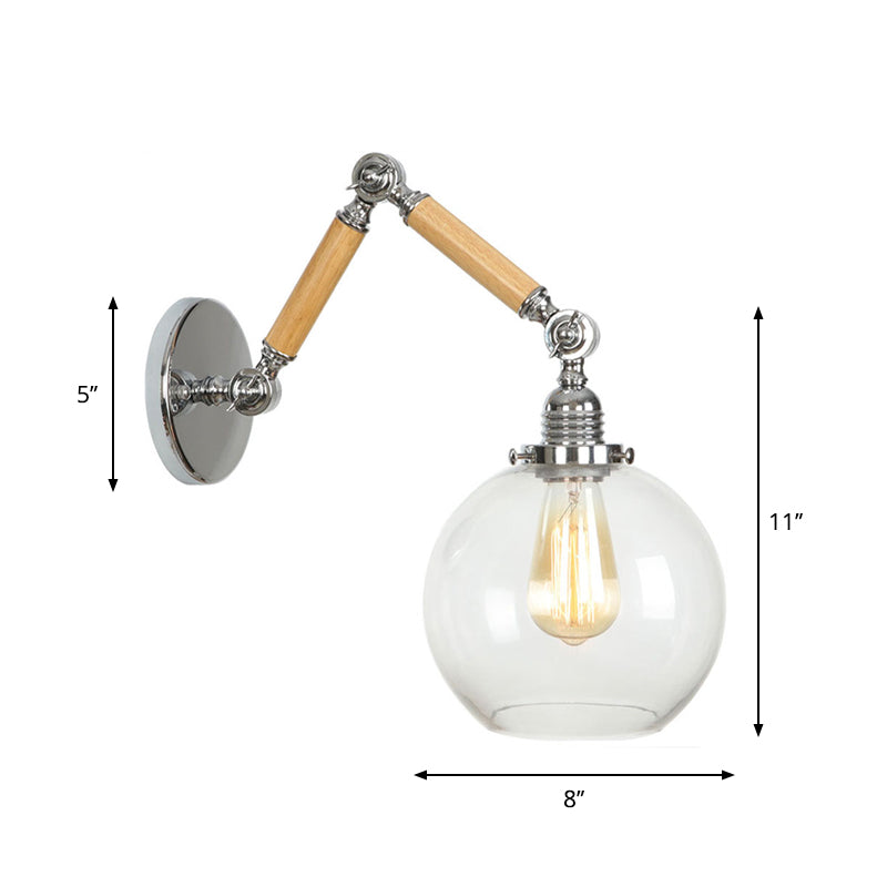 Brown-Silver 1 Bulb Reading Wall Lamp Loft Clear Glass Pear/Saucer/Bell Shade Wall Lighting with Wood 2-Joint Swing Arm Clearhalo 'Industrial wall lights' 'Industrial' 'Middle century wall lights' 'Rustic wall lights' 'Tiffany' 'Wall Lamps & Sconces' 'Wall Lights' Lighting' 1918235