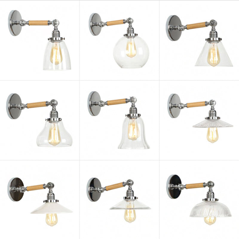 Rustic Bowl/Cone/Bell Wall Light Kit 1-Light Clear Glass Rotatable Wall Mounted Lamp in Chrome and Wood Clearhalo 'Art deco wall lights' 'Cast Iron' 'Glass' 'Industrial wall lights' 'Industrial' 'Middle century wall lights' 'Modern' 'Rustic wall lights' 'Tiffany' 'Traditional wall lights' 'Wall Lamps & Sconces' 'Wall Lights' Lighting' 1918236