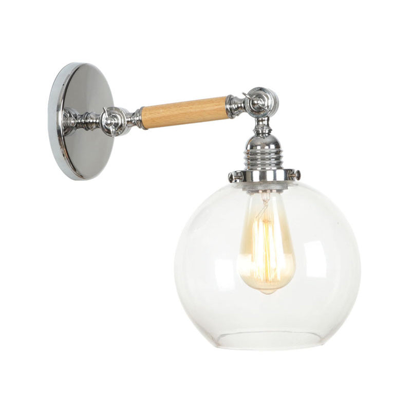 Rustic Bowl/Cone/Bell Wall Light Kit 1-Light Clear Glass Rotatable Wall Mounted Lamp in Chrome and Wood Chrome B Clearhalo 'Art deco wall lights' 'Cast Iron' 'Glass' 'Industrial wall lights' 'Industrial' 'Middle century wall lights' 'Modern' 'Rustic wall lights' 'Tiffany' 'Traditional wall lights' 'Wall Lamps & Sconces' 'Wall Lights' Lighting' 1918237