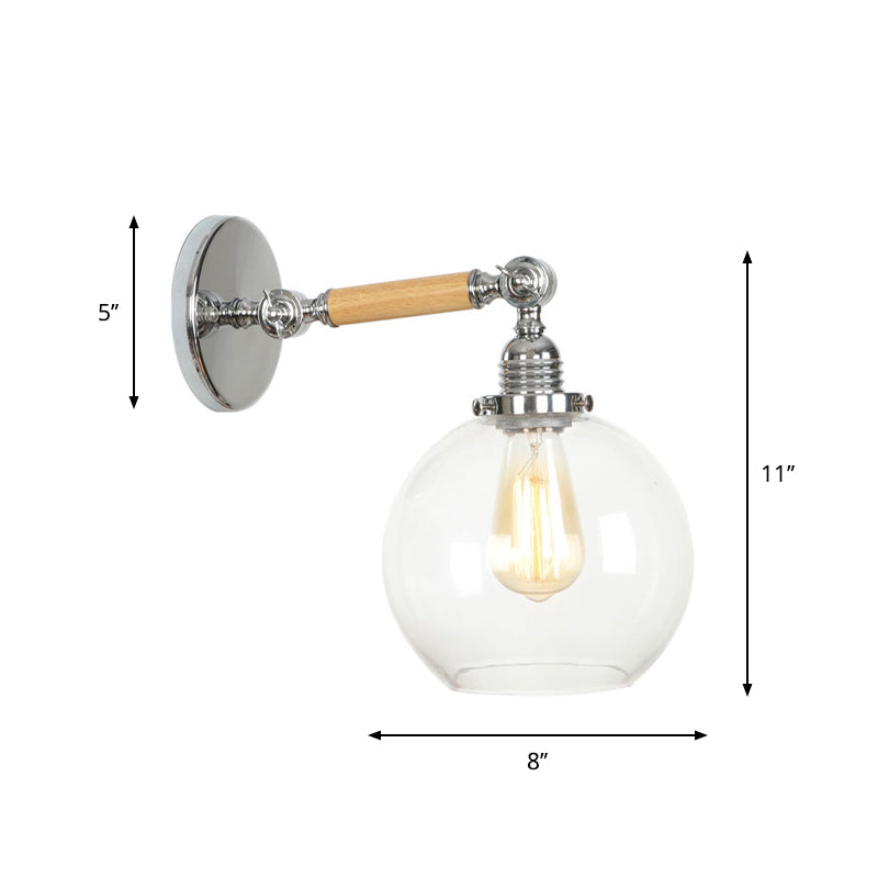 Rustic Bowl/Cone/Bell Wall Light Kit 1-Light Clear Glass Rotatable Wall Mounted Lamp in Chrome and Wood Clearhalo 'Art deco wall lights' 'Cast Iron' 'Glass' 'Industrial wall lights' 'Industrial' 'Middle century wall lights' 'Modern' 'Rustic wall lights' 'Tiffany' 'Traditional wall lights' 'Wall Lamps & Sconces' 'Wall Lights' Lighting' 1918238