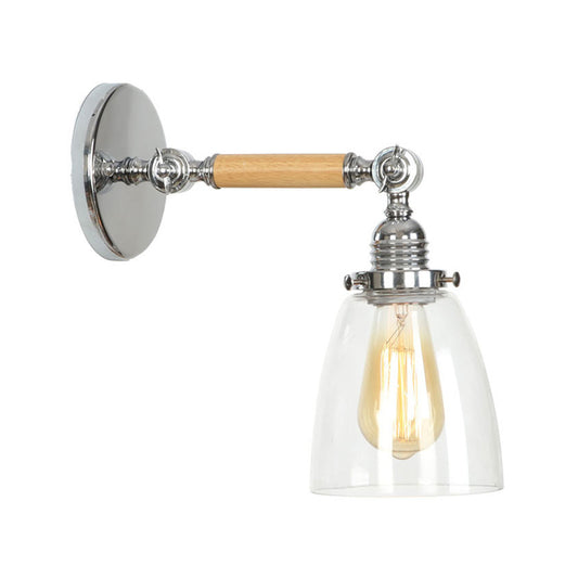 Rustic Bowl/Cone/Bell Wall Light Kit 1-Light Clear Glass Rotatable Wall Mounted Lamp in Chrome and Wood Chrome A Clearhalo 'Art deco wall lights' 'Cast Iron' 'Glass' 'Industrial wall lights' 'Industrial' 'Middle century wall lights' 'Modern' 'Rustic wall lights' 'Tiffany' 'Traditional wall lights' 'Wall Lamps & Sconces' 'Wall Lights' Lighting' 1918239