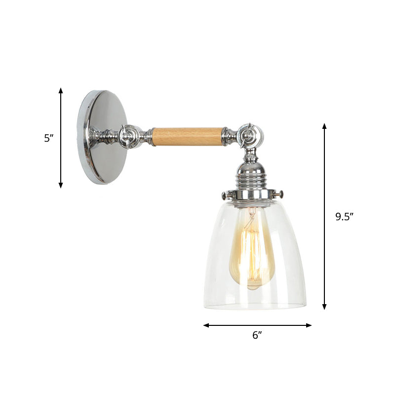 Rustic Bowl/Cone/Bell Wall Light Kit 1-Light Clear Glass Rotatable Wall Mounted Lamp in Chrome and Wood Clearhalo 'Art deco wall lights' 'Cast Iron' 'Glass' 'Industrial wall lights' 'Industrial' 'Middle century wall lights' 'Modern' 'Rustic wall lights' 'Tiffany' 'Traditional wall lights' 'Wall Lamps & Sconces' 'Wall Lights' Lighting' 1918240