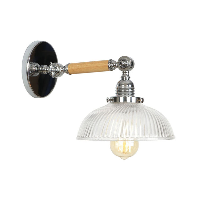 Rustic Bowl/Cone/Bell Wall Light Kit 1-Light Clear Glass Rotatable Wall Mounted Lamp in Chrome and Wood Chrome H Clearhalo 'Art deco wall lights' 'Cast Iron' 'Glass' 'Industrial wall lights' 'Industrial' 'Middle century wall lights' 'Modern' 'Rustic wall lights' 'Tiffany' 'Traditional wall lights' 'Wall Lamps & Sconces' 'Wall Lights' Lighting' 1918241