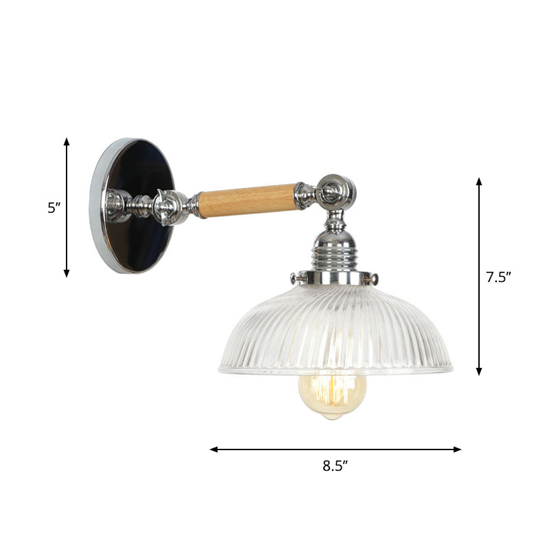 Rustic Bowl/Cone/Bell Wall Light Kit 1-Light Clear Glass Rotatable Wall Mounted Lamp in Chrome and Wood Clearhalo 'Art deco wall lights' 'Cast Iron' 'Glass' 'Industrial wall lights' 'Industrial' 'Middle century wall lights' 'Modern' 'Rustic wall lights' 'Tiffany' 'Traditional wall lights' 'Wall Lamps & Sconces' 'Wall Lights' Lighting' 1918242