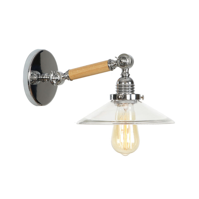 Rustic Bowl/Cone/Bell Wall Light Kit 1-Light Clear Glass Rotatable Wall Mounted Lamp in Chrome and Wood Chrome G Clearhalo 'Art deco wall lights' 'Cast Iron' 'Glass' 'Industrial wall lights' 'Industrial' 'Middle century wall lights' 'Modern' 'Rustic wall lights' 'Tiffany' 'Traditional wall lights' 'Wall Lamps & Sconces' 'Wall Lights' Lighting' 1918243