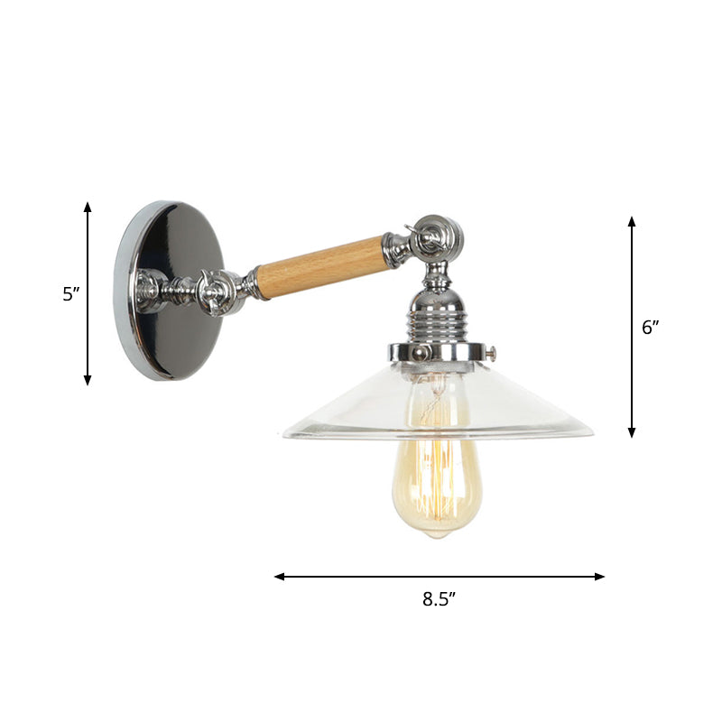 Rustic Bowl/Cone/Bell Wall Light Kit 1-Light Clear Glass Rotatable Wall Mounted Lamp in Chrome and Wood Clearhalo 'Art deco wall lights' 'Cast Iron' 'Glass' 'Industrial wall lights' 'Industrial' 'Middle century wall lights' 'Modern' 'Rustic wall lights' 'Tiffany' 'Traditional wall lights' 'Wall Lamps & Sconces' 'Wall Lights' Lighting' 1918244