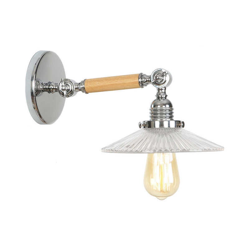 Rustic Bowl/Cone/Bell Wall Light Kit 1-Light Clear Glass Rotatable Wall Mounted Lamp in Chrome and Wood Chrome F Clearhalo 'Art deco wall lights' 'Cast Iron' 'Glass' 'Industrial wall lights' 'Industrial' 'Middle century wall lights' 'Modern' 'Rustic wall lights' 'Tiffany' 'Traditional wall lights' 'Wall Lamps & Sconces' 'Wall Lights' Lighting' 1918245
