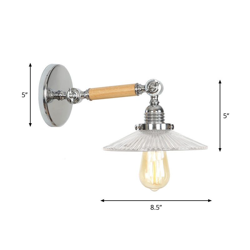 Rustic Bowl/Cone/Bell Wall Light Kit 1-Light Clear Glass Rotatable Wall Mounted Lamp in Chrome and Wood Clearhalo 'Art deco wall lights' 'Cast Iron' 'Glass' 'Industrial wall lights' 'Industrial' 'Middle century wall lights' 'Modern' 'Rustic wall lights' 'Tiffany' 'Traditional wall lights' 'Wall Lamps & Sconces' 'Wall Lights' Lighting' 1918246