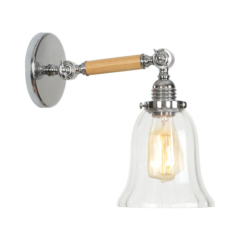 Rustic Bowl/Cone/Bell Wall Light Kit 1-Light Clear Glass Rotatable Wall Mounted Lamp in Chrome and Wood Chrome E Clearhalo 'Art deco wall lights' 'Cast Iron' 'Glass' 'Industrial wall lights' 'Industrial' 'Middle century wall lights' 'Modern' 'Rustic wall lights' 'Tiffany' 'Traditional wall lights' 'Wall Lamps & Sconces' 'Wall Lights' Lighting' 1918247
