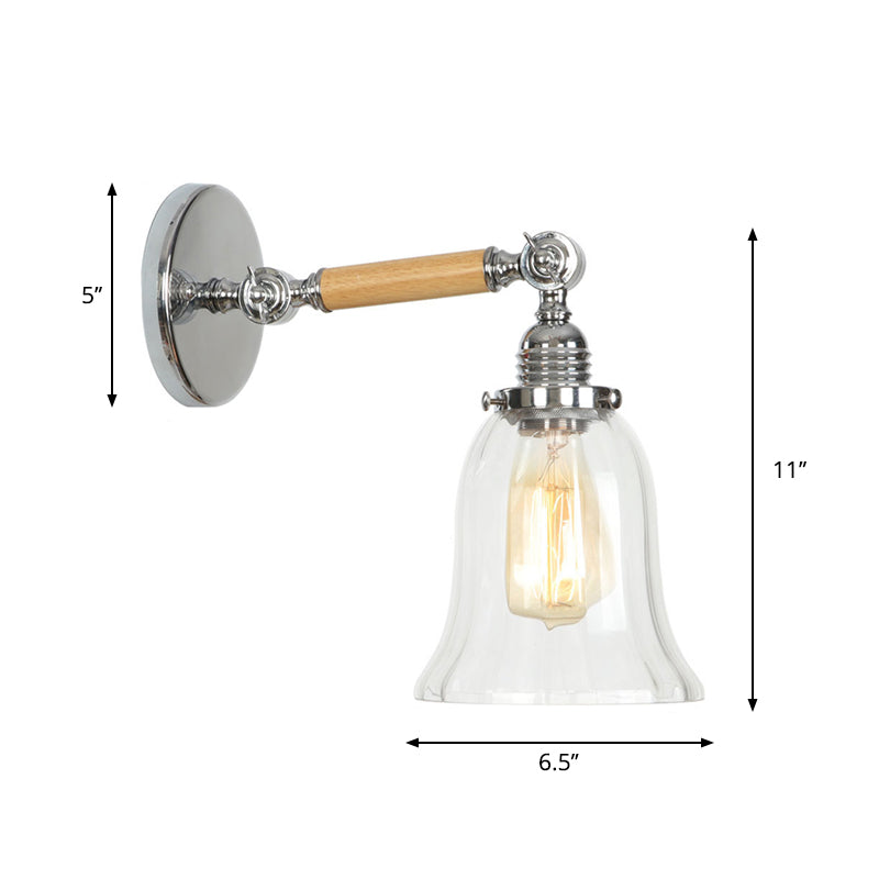 Rustic Bowl/Cone/Bell Wall Light Kit 1-Light Clear Glass Rotatable Wall Mounted Lamp in Chrome and Wood Clearhalo 'Art deco wall lights' 'Cast Iron' 'Glass' 'Industrial wall lights' 'Industrial' 'Middle century wall lights' 'Modern' 'Rustic wall lights' 'Tiffany' 'Traditional wall lights' 'Wall Lamps & Sconces' 'Wall Lights' Lighting' 1918248