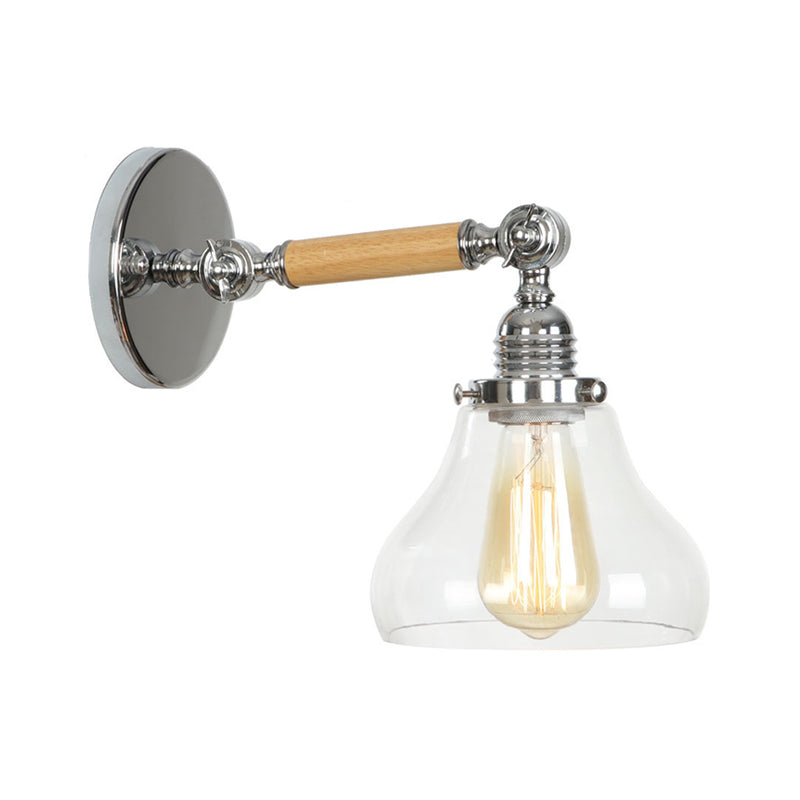 Rustic Bowl/Cone/Bell Wall Light Kit 1-Light Clear Glass Rotatable Wall Mounted Lamp in Chrome and Wood Chrome D Clearhalo 'Art deco wall lights' 'Cast Iron' 'Glass' 'Industrial wall lights' 'Industrial' 'Middle century wall lights' 'Modern' 'Rustic wall lights' 'Tiffany' 'Traditional wall lights' 'Wall Lamps & Sconces' 'Wall Lights' Lighting' 1918249