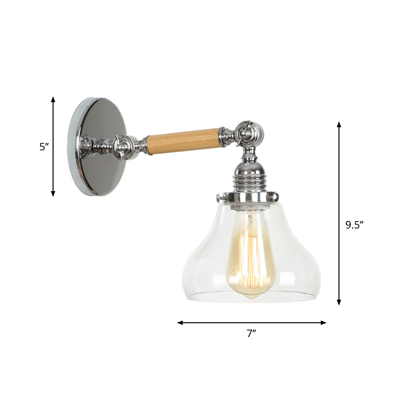 Rustic Bowl/Cone/Bell Wall Light Kit 1-Light Clear Glass Rotatable Wall Mounted Lamp in Chrome and Wood Clearhalo 'Art deco wall lights' 'Cast Iron' 'Glass' 'Industrial wall lights' 'Industrial' 'Middle century wall lights' 'Modern' 'Rustic wall lights' 'Tiffany' 'Traditional wall lights' 'Wall Lamps & Sconces' 'Wall Lights' Lighting' 1918250