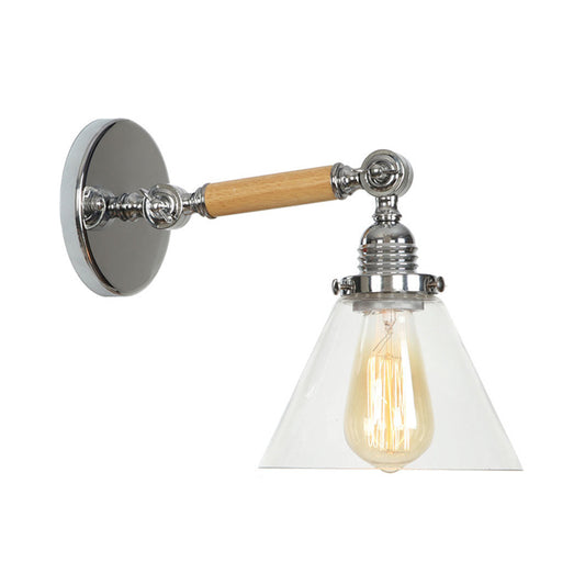 Rustic Bowl/Cone/Bell Wall Light Kit 1-Light Clear Glass Rotatable Wall Mounted Lamp in Chrome and Wood Chrome C Clearhalo 'Art deco wall lights' 'Cast Iron' 'Glass' 'Industrial wall lights' 'Industrial' 'Middle century wall lights' 'Modern' 'Rustic wall lights' 'Tiffany' 'Traditional wall lights' 'Wall Lamps & Sconces' 'Wall Lights' Lighting' 1918251