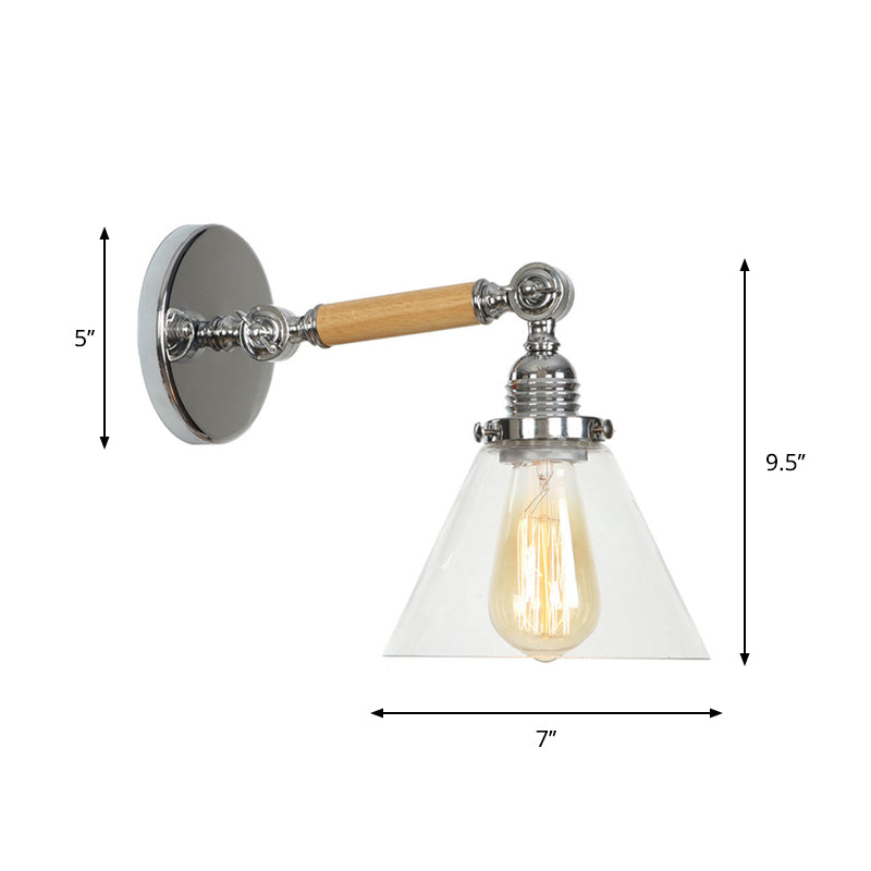 Rustic Bowl/Cone/Bell Wall Light Kit 1-Light Clear Glass Rotatable Wall Mounted Lamp in Chrome and Wood Clearhalo 'Art deco wall lights' 'Cast Iron' 'Glass' 'Industrial wall lights' 'Industrial' 'Middle century wall lights' 'Modern' 'Rustic wall lights' 'Tiffany' 'Traditional wall lights' 'Wall Lamps & Sconces' 'Wall Lights' Lighting' 1918252