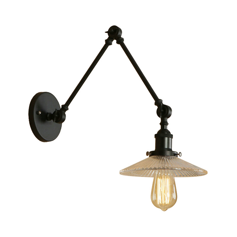 Saucer Shade Studio Task Wall Lamp Loft Style Ribbed Glass 1 Head Black-Brass/Black Swing Arm Wall Mount Light Fixture Clearhalo 'Art deco wall lights' 'Cast Iron' 'Glass' 'Industrial wall lights' 'Industrial' 'Middle century wall lights' 'Modern' 'Rustic wall lights' 'Tiffany' 'Traditional wall lights' 'Wall Lamps & Sconces' 'Wall Lights' Lighting' 1918254
