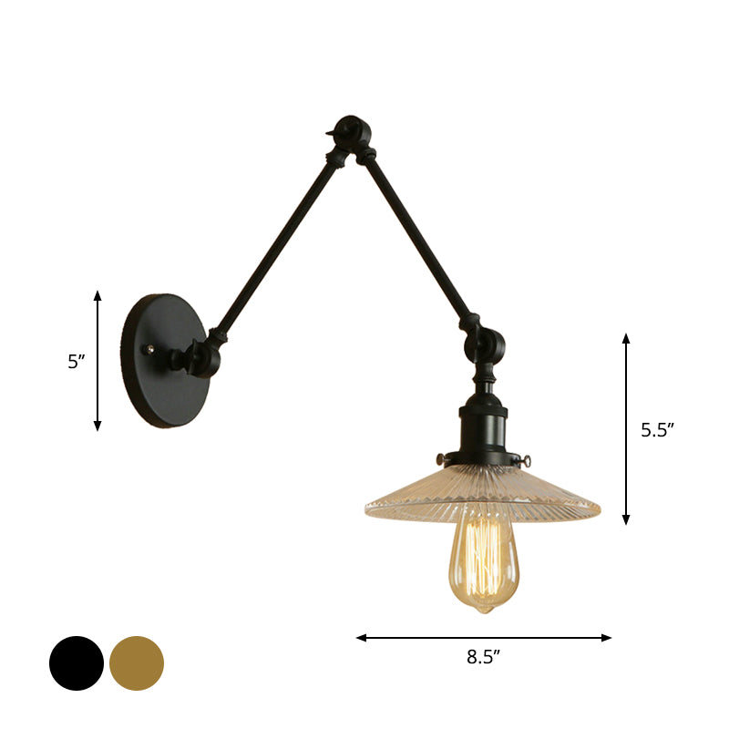 Saucer Shade Studio Task Wall Lamp Loft Style Ribbed Glass 1 Head Black-Brass/Black Swing Arm Wall Mount Light Fixture Clearhalo 'Art deco wall lights' 'Cast Iron' 'Glass' 'Industrial wall lights' 'Industrial' 'Middle century wall lights' 'Modern' 'Rustic wall lights' 'Tiffany' 'Traditional wall lights' 'Wall Lamps & Sconces' 'Wall Lights' Lighting' 1918255