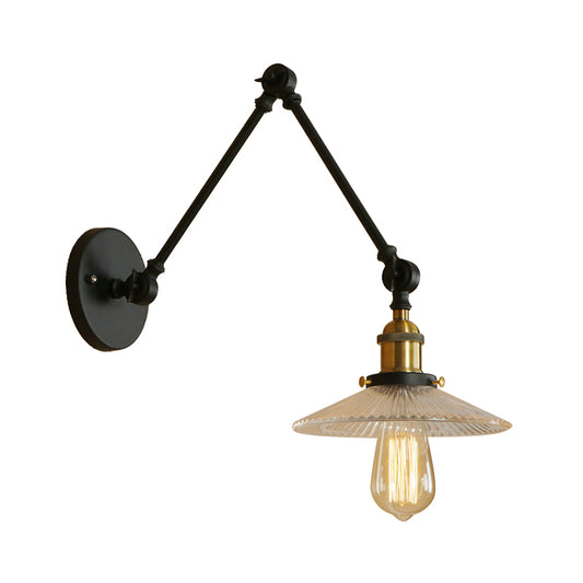 Saucer Shade Studio Task Wall Lamp Loft Style Ribbed Glass 1 Head Black-Brass/Black Swing Arm Wall Mount Light Fixture Clearhalo 'Art deco wall lights' 'Cast Iron' 'Glass' 'Industrial wall lights' 'Industrial' 'Middle century wall lights' 'Modern' 'Rustic wall lights' 'Tiffany' 'Traditional wall lights' 'Wall Lamps & Sconces' 'Wall Lights' Lighting' 1918257