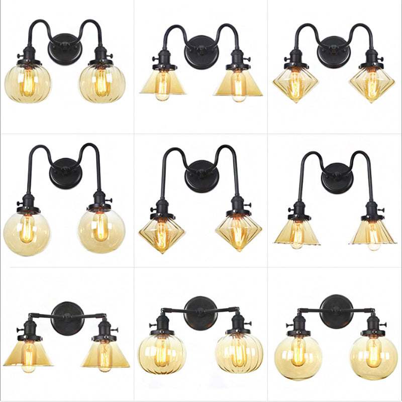 Black Curved/Straight Arm Wall Lighting Farmhouse Iron 2-Head Bathroom Wall Light with Cone/Ball Clear Glass Shade Clearhalo 'Art deco wall lights' 'Cast Iron' 'Glass' 'Industrial wall lights' 'Industrial' 'Middle century wall lights' 'Modern' 'Rustic wall lights' 'Tiffany' 'Traditional wall lights' 'Wall Lamps & Sconces' 'Wall Lights' Lighting' 1918258