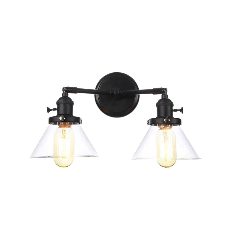 Black Curved/Straight Arm Wall Lighting Farmhouse Iron 2-Head Bathroom Wall Light with Cone/Ball Clear Glass Shade Black H Clearhalo 'Art deco wall lights' 'Cast Iron' 'Glass' 'Industrial wall lights' 'Industrial' 'Middle century wall lights' 'Modern' 'Rustic wall lights' 'Tiffany' 'Traditional wall lights' 'Wall Lamps & Sconces' 'Wall Lights' Lighting' 1918259