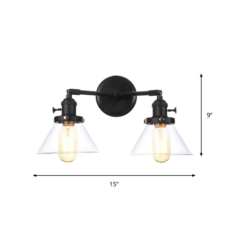 Black Curved/Straight Arm Wall Lighting Farmhouse Iron 2-Head Bathroom Wall Light with Cone/Ball Clear Glass Shade Clearhalo 'Art deco wall lights' 'Cast Iron' 'Glass' 'Industrial wall lights' 'Industrial' 'Middle century wall lights' 'Modern' 'Rustic wall lights' 'Tiffany' 'Traditional wall lights' 'Wall Lamps & Sconces' 'Wall Lights' Lighting' 1918260