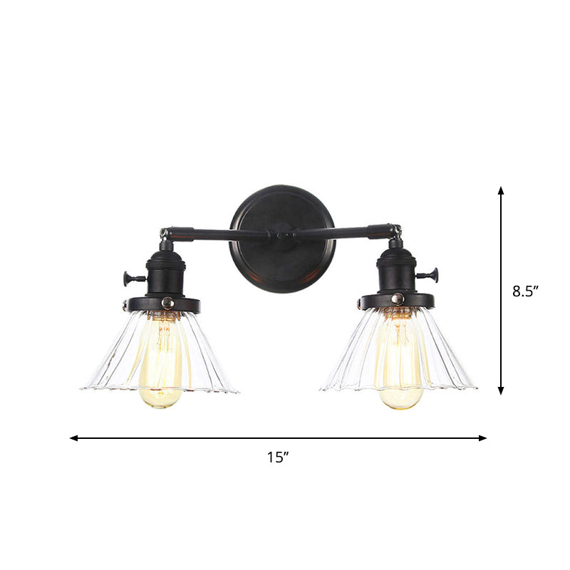 Black Curved/Straight Arm Wall Lighting Farmhouse Iron 2-Head Bathroom Wall Light with Cone/Ball Clear Glass Shade Clearhalo 'Art deco wall lights' 'Cast Iron' 'Glass' 'Industrial wall lights' 'Industrial' 'Middle century wall lights' 'Modern' 'Rustic wall lights' 'Tiffany' 'Traditional wall lights' 'Wall Lamps & Sconces' 'Wall Lights' Lighting' 1918262
