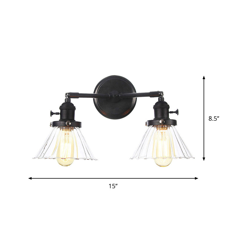 Black Curved/Straight Arm Wall Lighting Farmhouse Iron 2-Head Bathroom Wall Light with Cone/Ball Clear Glass Shade Clearhalo 'Art deco wall lights' 'Cast Iron' 'Glass' 'Industrial wall lights' 'Industrial' 'Middle century wall lights' 'Modern' 'Rustic wall lights' 'Tiffany' 'Traditional wall lights' 'Wall Lamps & Sconces' 'Wall Lights' Lighting' 1918262