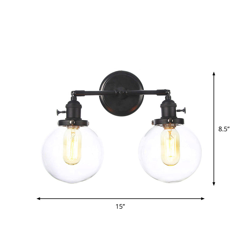 Black Curved/Straight Arm Wall Lighting Farmhouse Iron 2-Head Bathroom Wall Light with Cone/Ball Clear Glass Shade Clearhalo 'Art deco wall lights' 'Cast Iron' 'Glass' 'Industrial wall lights' 'Industrial' 'Middle century wall lights' 'Modern' 'Rustic wall lights' 'Tiffany' 'Traditional wall lights' 'Wall Lamps & Sconces' 'Wall Lights' Lighting' 1918264