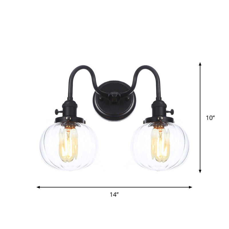 Black Curved/Straight Arm Wall Lighting Farmhouse Iron 2-Head Bathroom Wall Light with Cone/Ball Clear Glass Shade Clearhalo 'Art deco wall lights' 'Cast Iron' 'Glass' 'Industrial wall lights' 'Industrial' 'Middle century wall lights' 'Modern' 'Rustic wall lights' 'Tiffany' 'Traditional wall lights' 'Wall Lamps & Sconces' 'Wall Lights' Lighting' 1918266