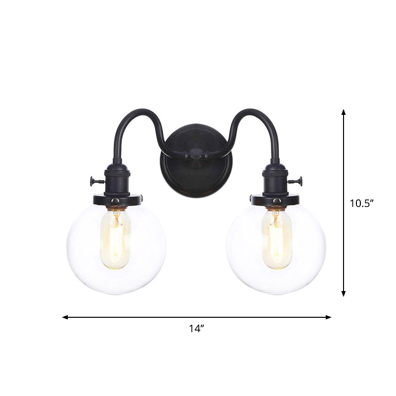 Black Curved/Straight Arm Wall Lighting Farmhouse Iron 2-Head Bathroom Wall Light with Cone/Ball Clear Glass Shade Clearhalo 'Art deco wall lights' 'Cast Iron' 'Glass' 'Industrial wall lights' 'Industrial' 'Middle century wall lights' 'Modern' 'Rustic wall lights' 'Tiffany' 'Traditional wall lights' 'Wall Lamps & Sconces' 'Wall Lights' Lighting' 1918268