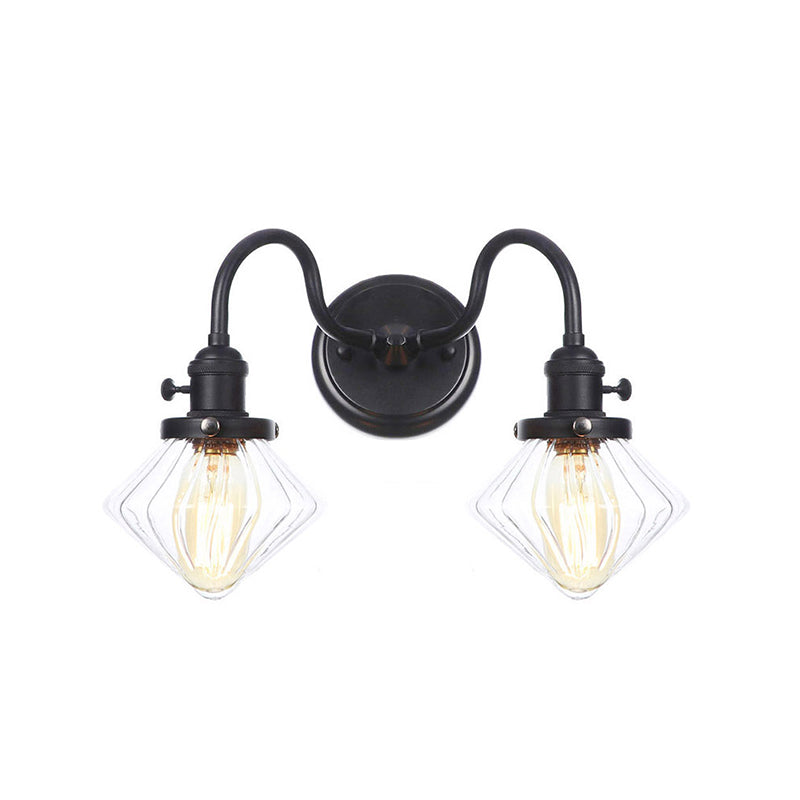 Black Curved/Straight Arm Wall Lighting Farmhouse Iron 2-Head Bathroom Wall Light with Cone/Ball Clear Glass Shade Black C Clearhalo 'Art deco wall lights' 'Cast Iron' 'Glass' 'Industrial wall lights' 'Industrial' 'Middle century wall lights' 'Modern' 'Rustic wall lights' 'Tiffany' 'Traditional wall lights' 'Wall Lamps & Sconces' 'Wall Lights' Lighting' 1918269