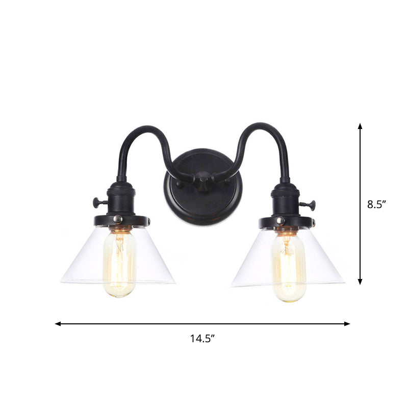 Black Curved/Straight Arm Wall Lighting Farmhouse Iron 2-Head Bathroom Wall Light with Cone/Ball Clear Glass Shade Clearhalo 'Art deco wall lights' 'Cast Iron' 'Glass' 'Industrial wall lights' 'Industrial' 'Middle century wall lights' 'Modern' 'Rustic wall lights' 'Tiffany' 'Traditional wall lights' 'Wall Lamps & Sconces' 'Wall Lights' Lighting' 1918272