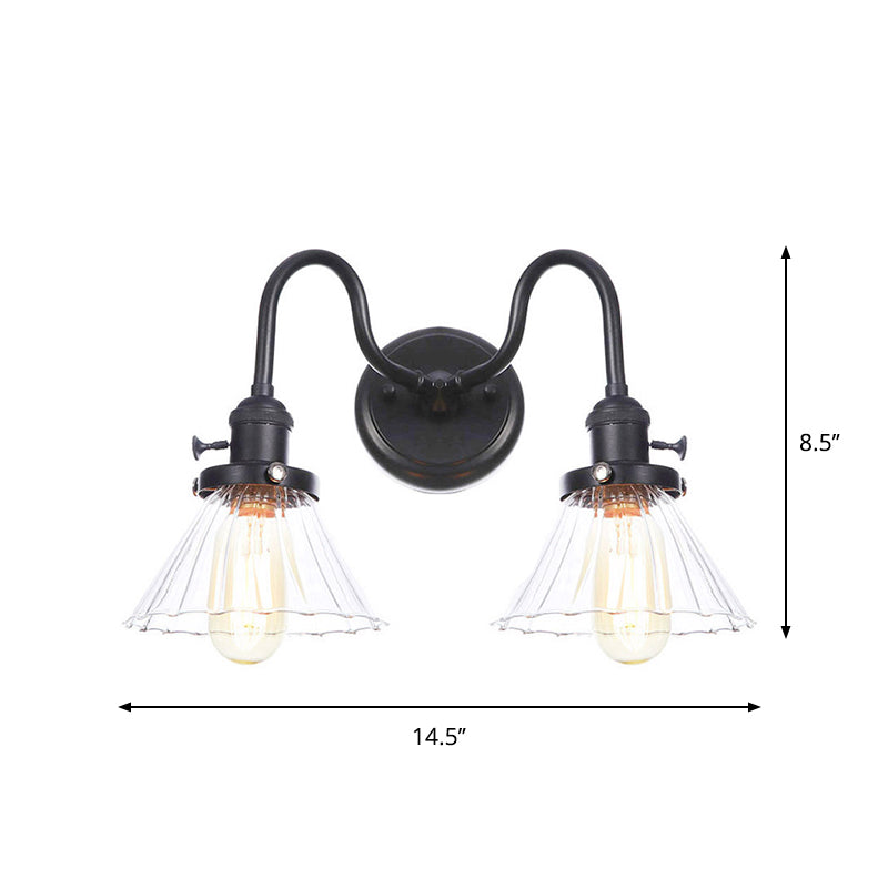 Black Curved/Straight Arm Wall Lighting Farmhouse Iron 2-Head Bathroom Wall Light with Cone/Ball Clear Glass Shade Clearhalo 'Art deco wall lights' 'Cast Iron' 'Glass' 'Industrial wall lights' 'Industrial' 'Middle century wall lights' 'Modern' 'Rustic wall lights' 'Tiffany' 'Traditional wall lights' 'Wall Lamps & Sconces' 'Wall Lights' Lighting' 1918274